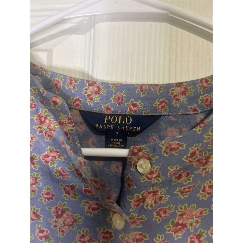 Polo Ralph Lauren Girls Size 7 Blue Floral Button Front Ruffle Hem Dress Pockets - Picture 3 of 9